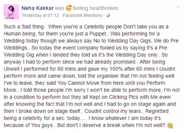 Kaala Chashma Singer Neha Kakkar Broke Down On Stage At Wedding