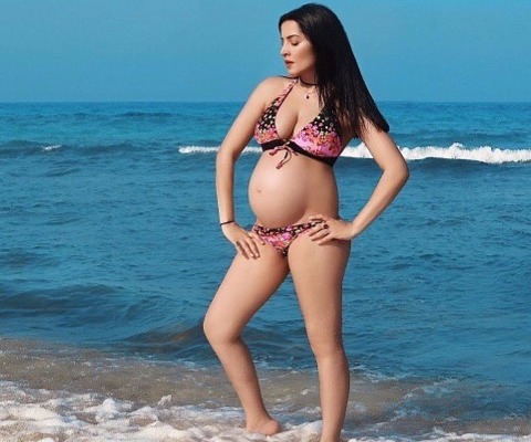 Celina Jaitley Baby Bump In Bikini Beach Photo