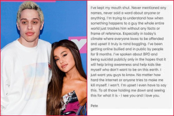 Ariana Grande’s Ex Pete Davidson Shares Emotional Statement About Bullying and Mental Health